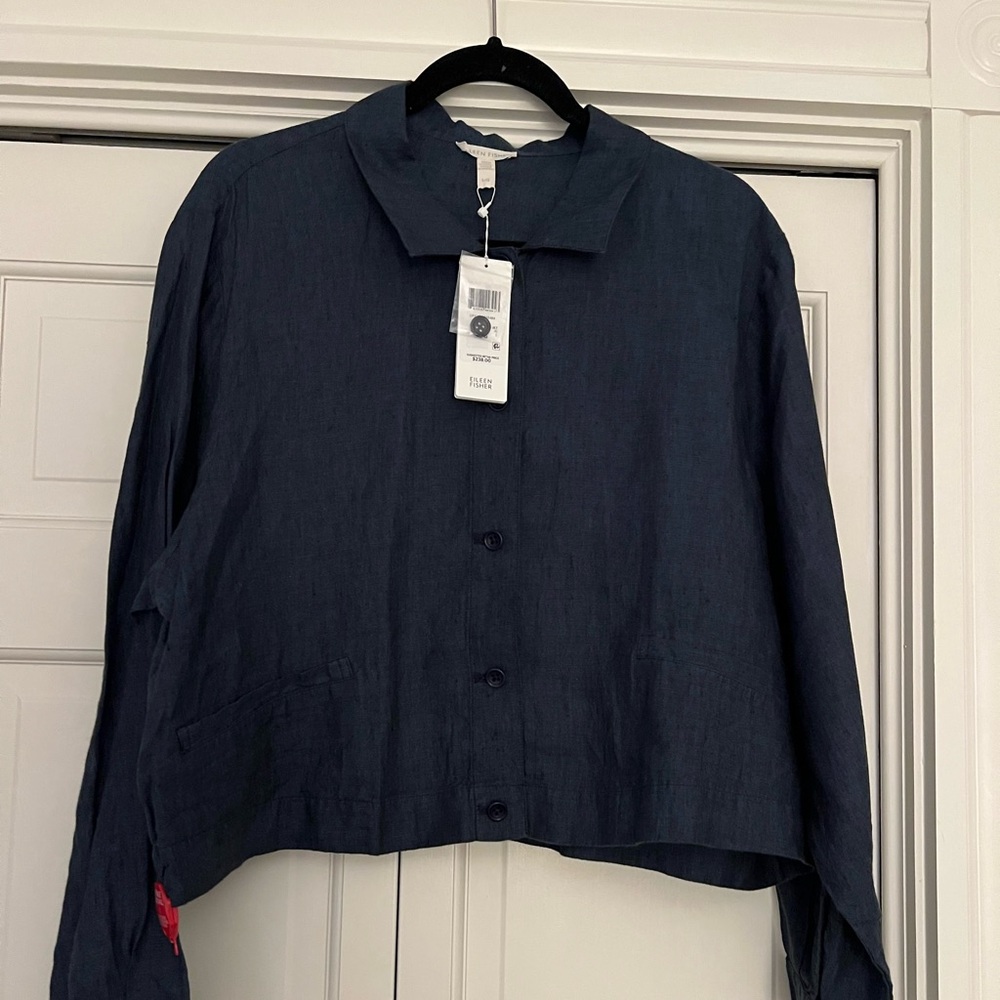 Eileen Fisher Organic Handkerchief Linen Classic Collar Jacket Indigo NWT sz L/G